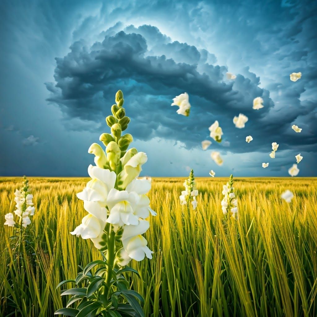 Delicate Snapdragon Blooms in Turbulent Stormy Landscape
