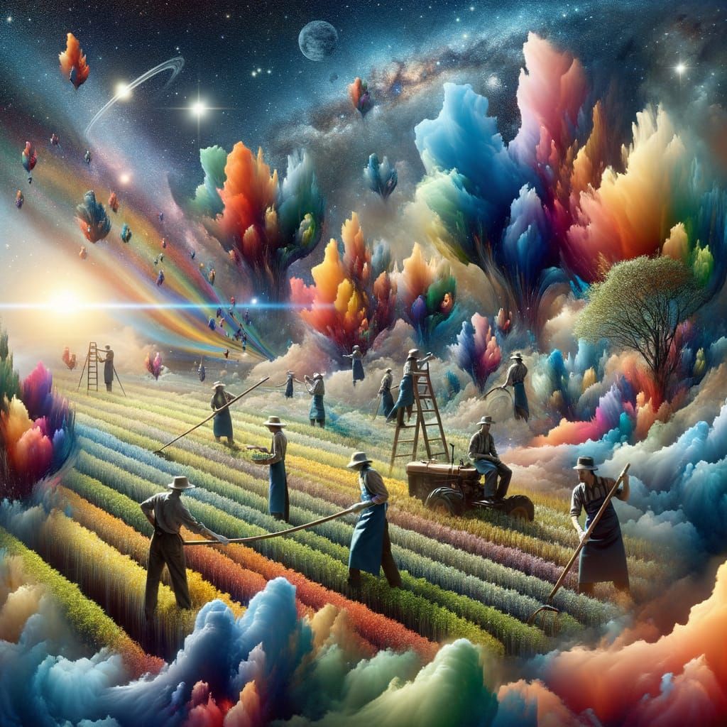 Prismatic Gardeners Tending Cosmic Clouds in Surreal Art