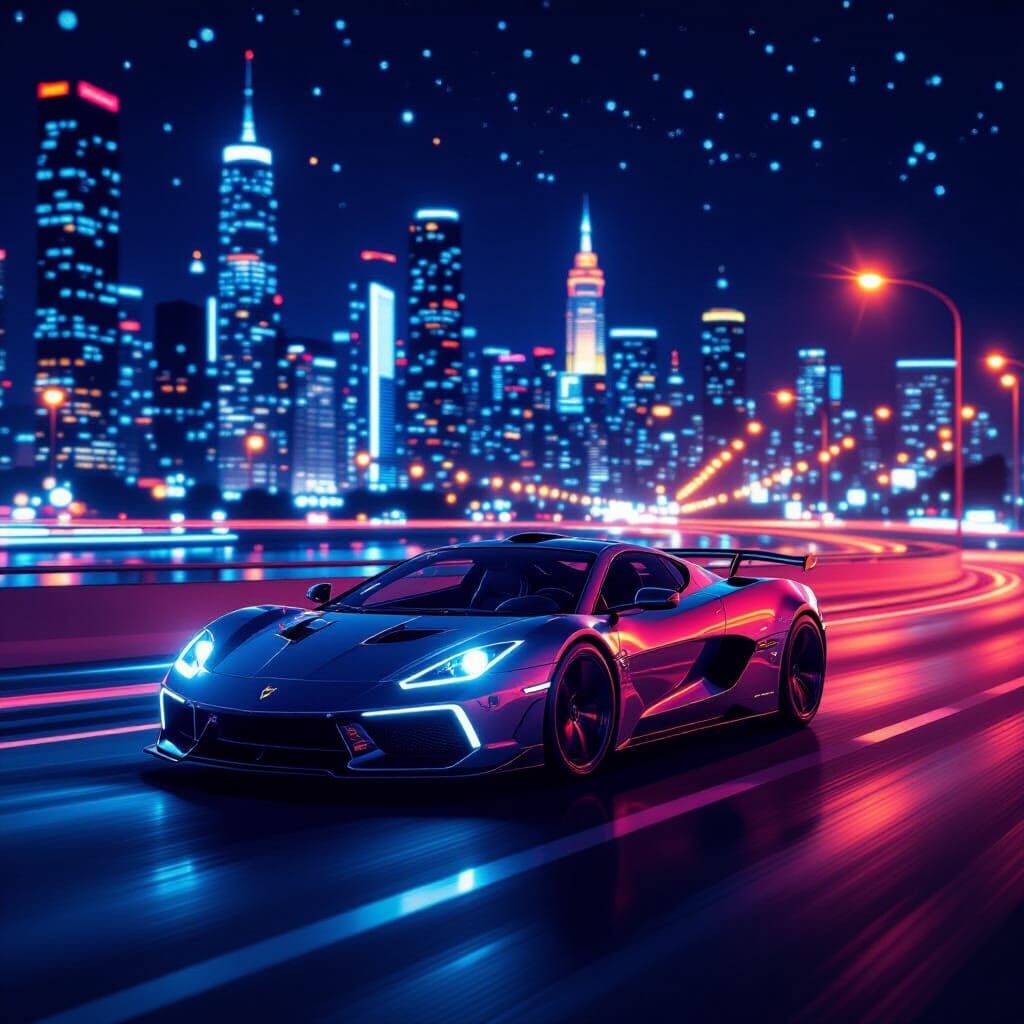 Night Highway Speeding Car in Futuristic Style