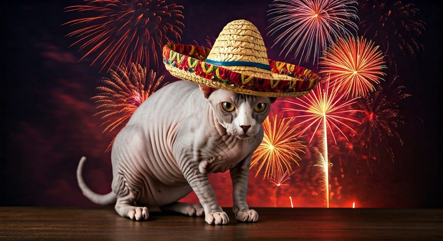 Hairless Cat Celebrates Fiesta with Fireworks
