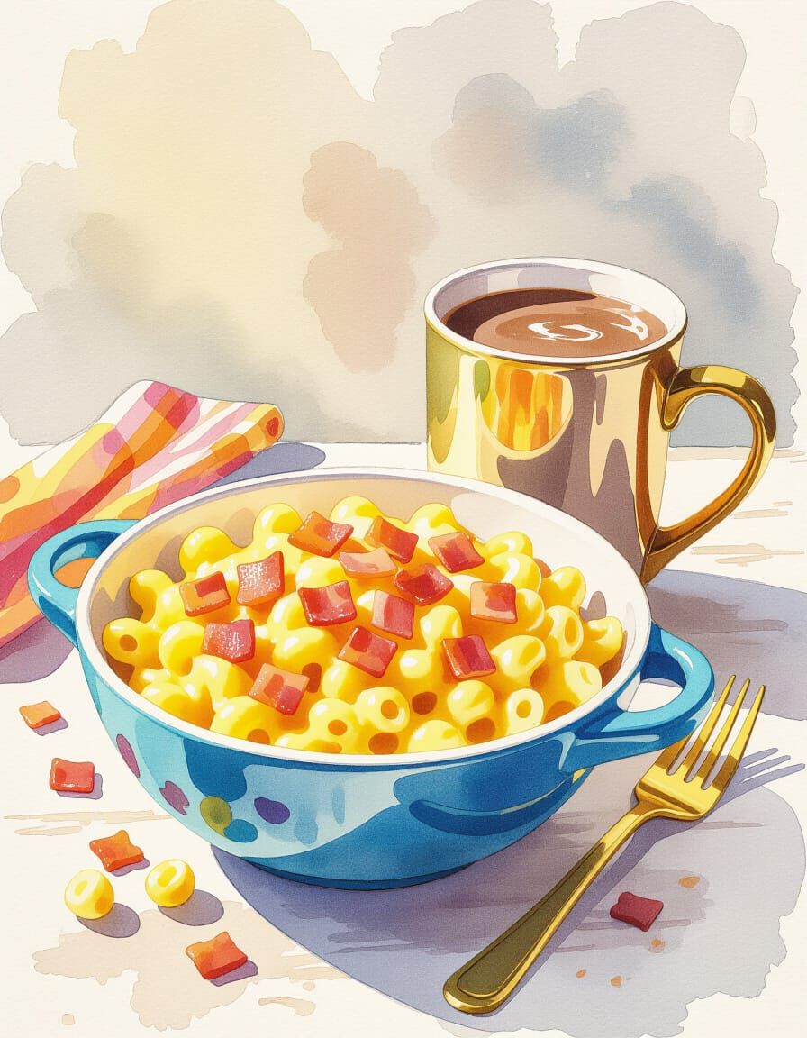 Hearty Mac and Cheese with Bacon and Hot Chocolate in Waterc...