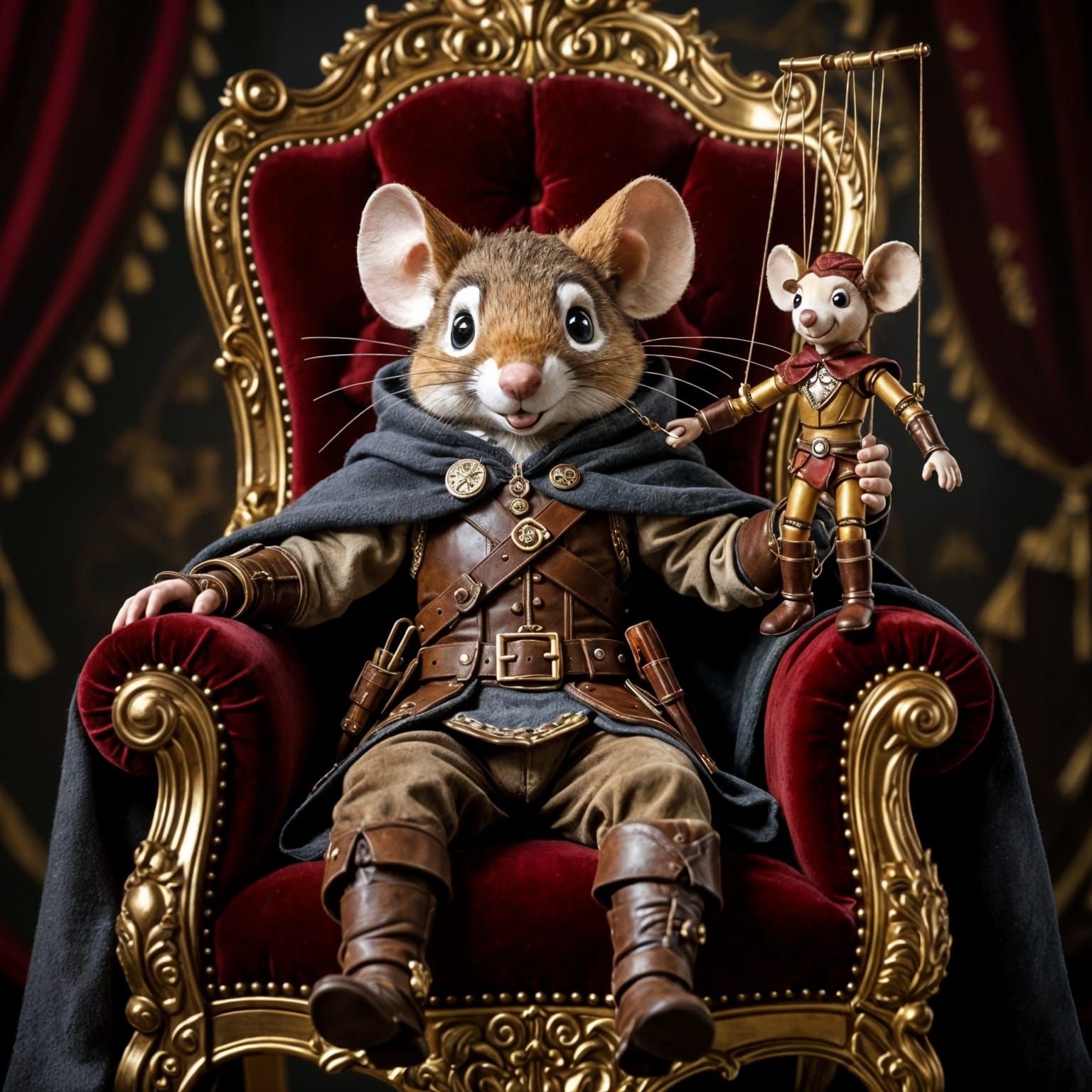 Mouse Bard with Marionette on Velvet Throne
