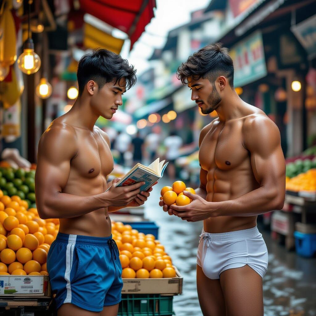 Hyperrealistic Wet Market Scene with Two Men