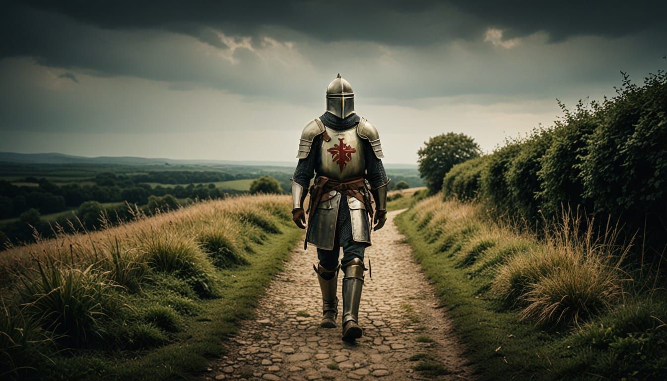 A Weathered Medieval Knight Strolls Through a Lush Countrysi...