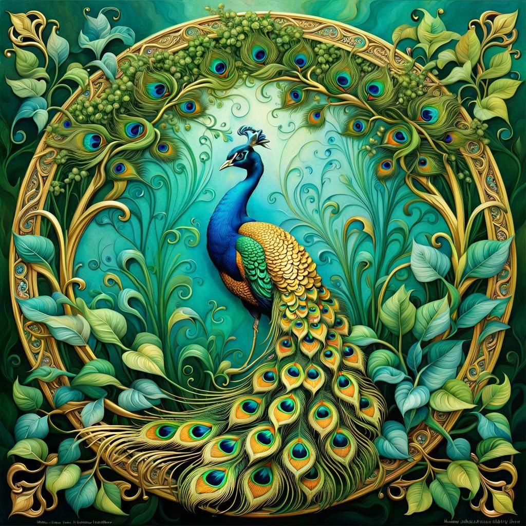Golden Peacock in Green Vine Circle: Fantasy Art