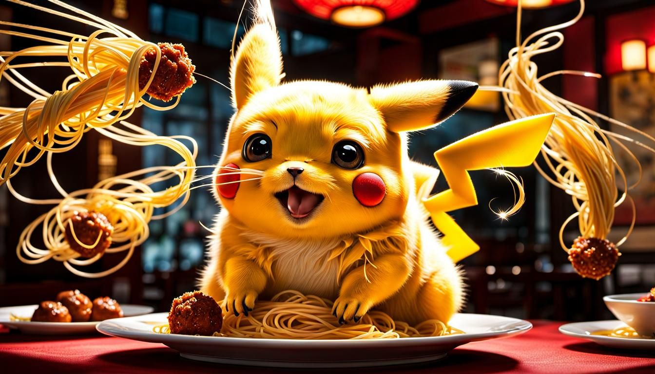 Hyperrealistic Pikachu Wrapped in Spaghetti and Meatballs