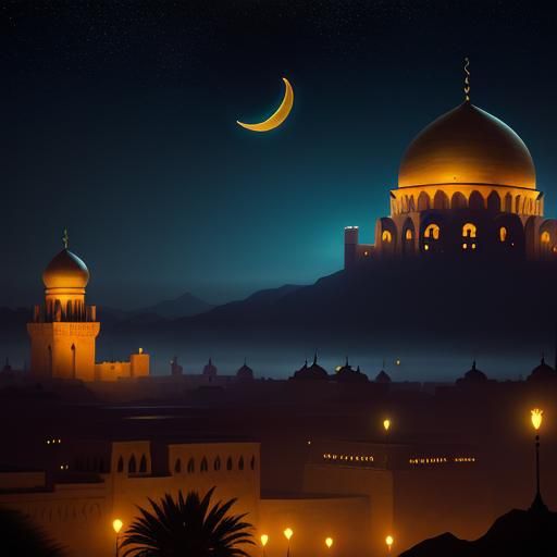Sci-Fi Arabian City at Night Under Crescent Moon