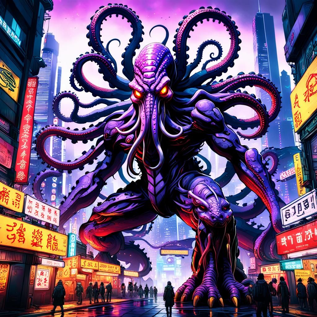 Cyberpunk Tokyo Dominated by Giant Tentacle Monster
