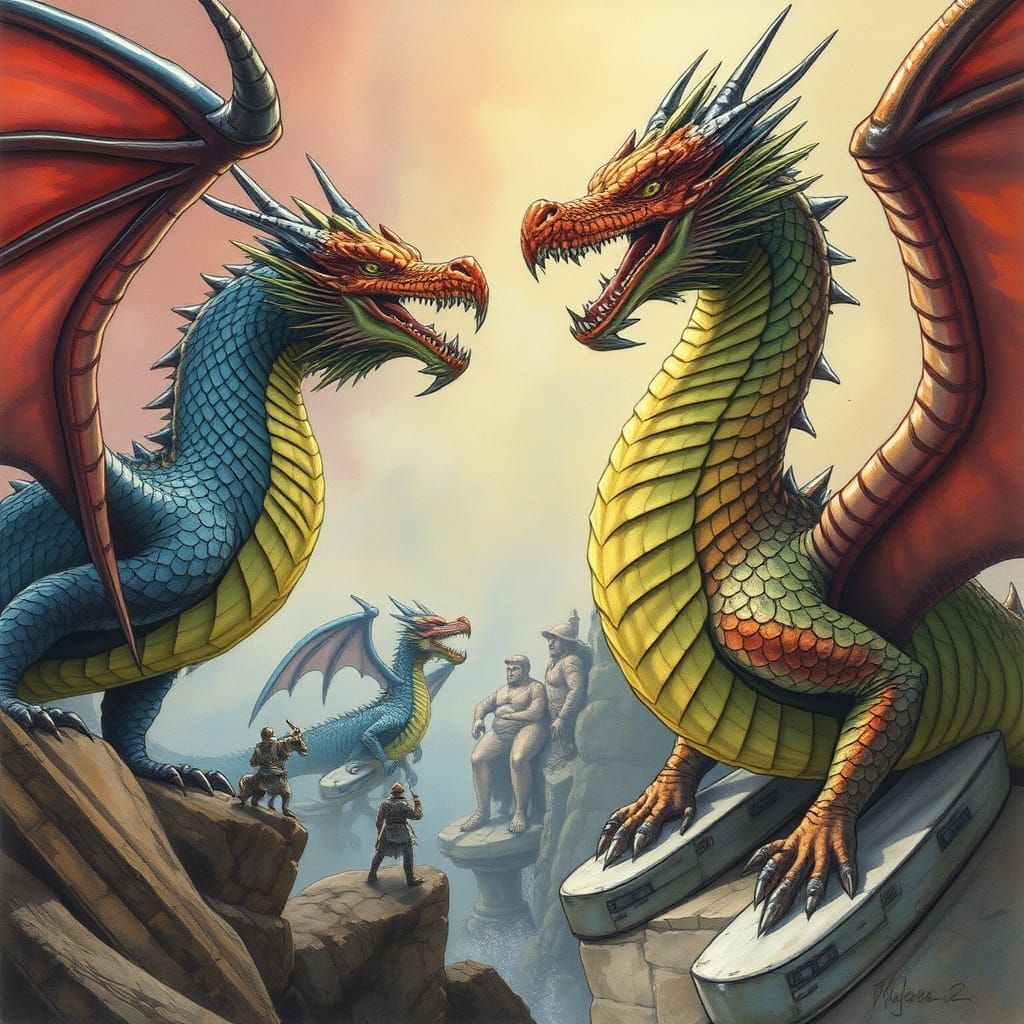 Majestic Dragons in Mystical Realm, Detailed Inkwork Style