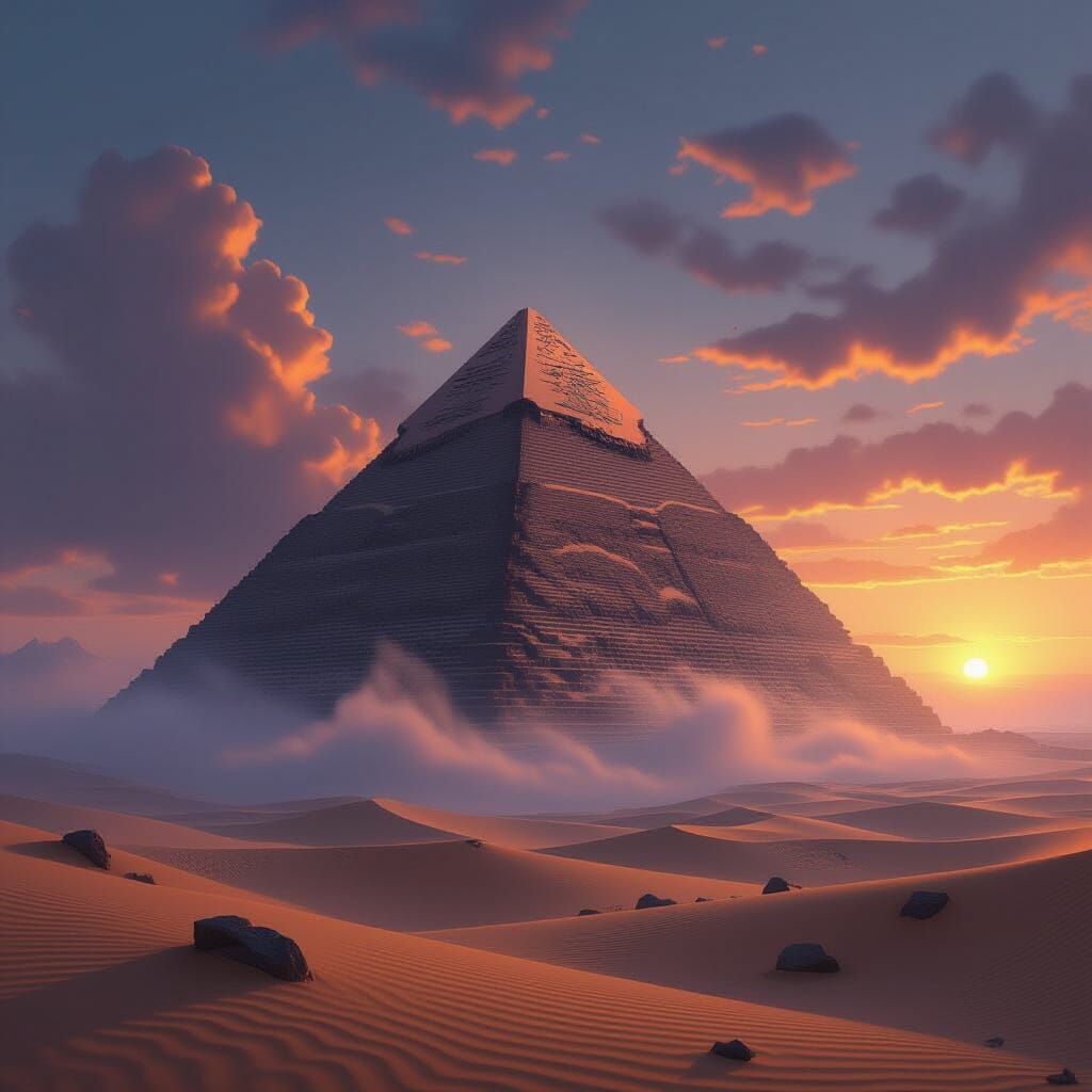 Ancient Pyramid in Dreamlike Desert at Twilight