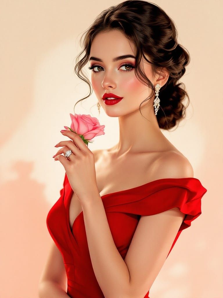 Elegant Woman in Red Dress Holds Rose in Delicate Gesture