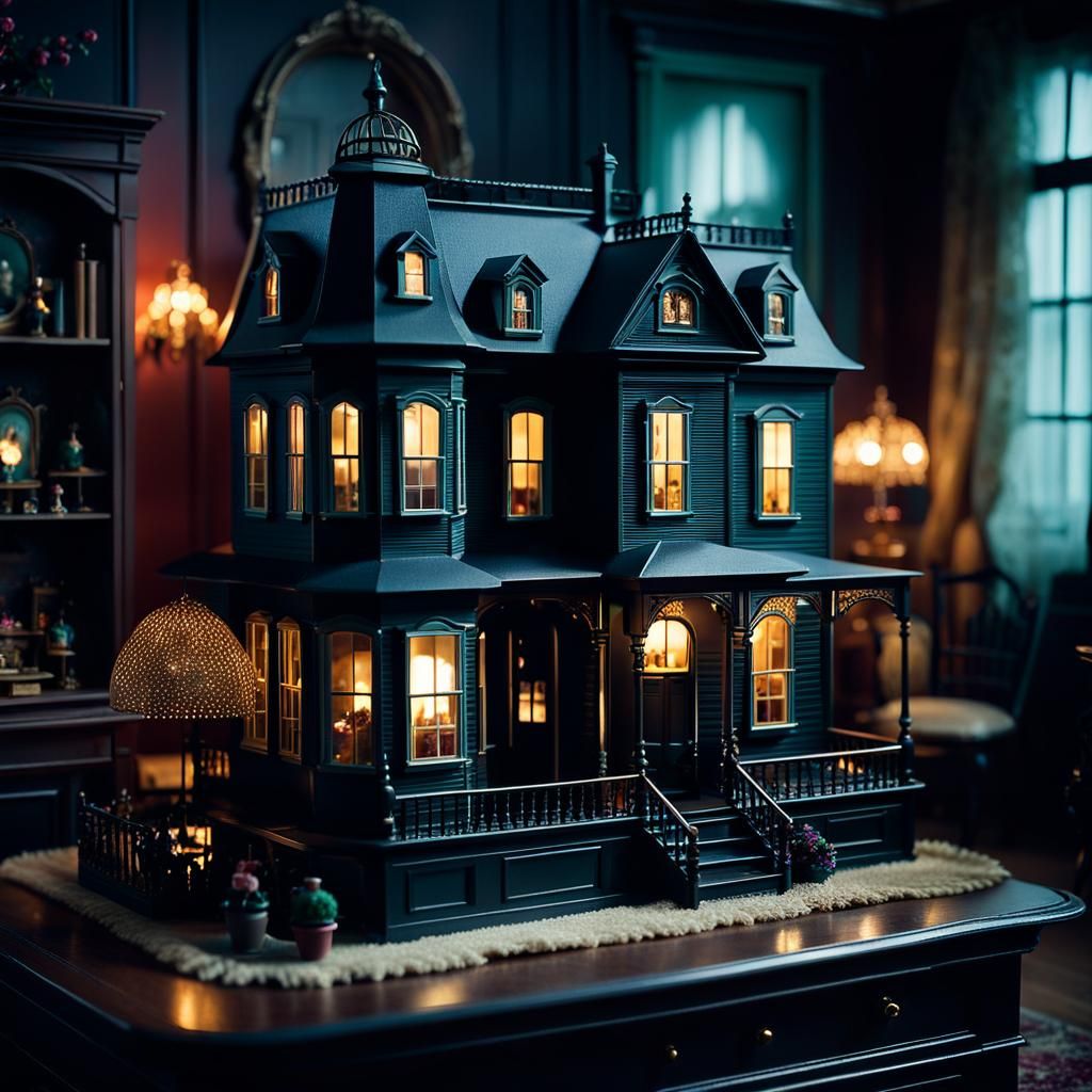 Victorian Dollhouse in Dark Room with Bokeh