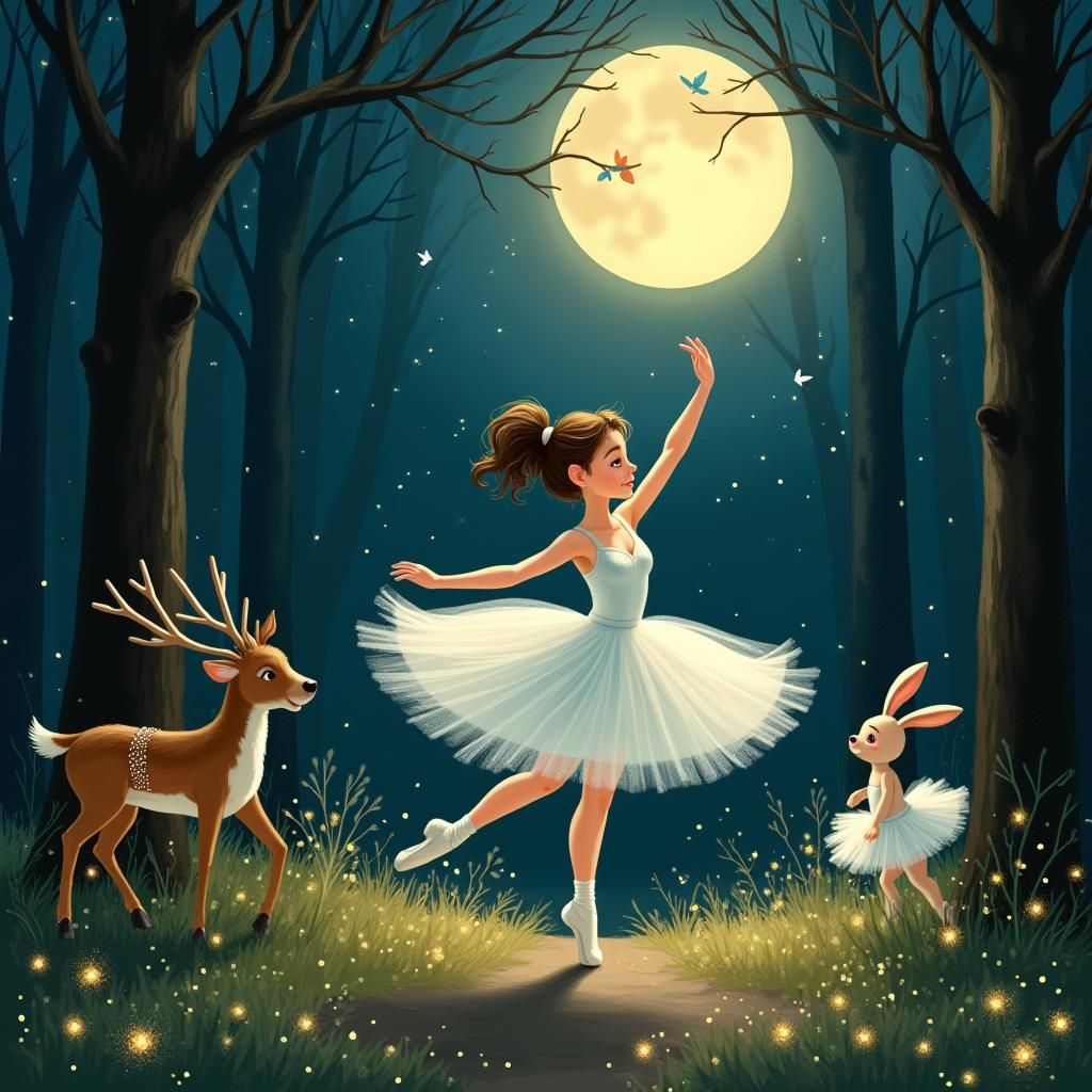 Ballerina Dancing in Enchanted Forest, Whimsical Style