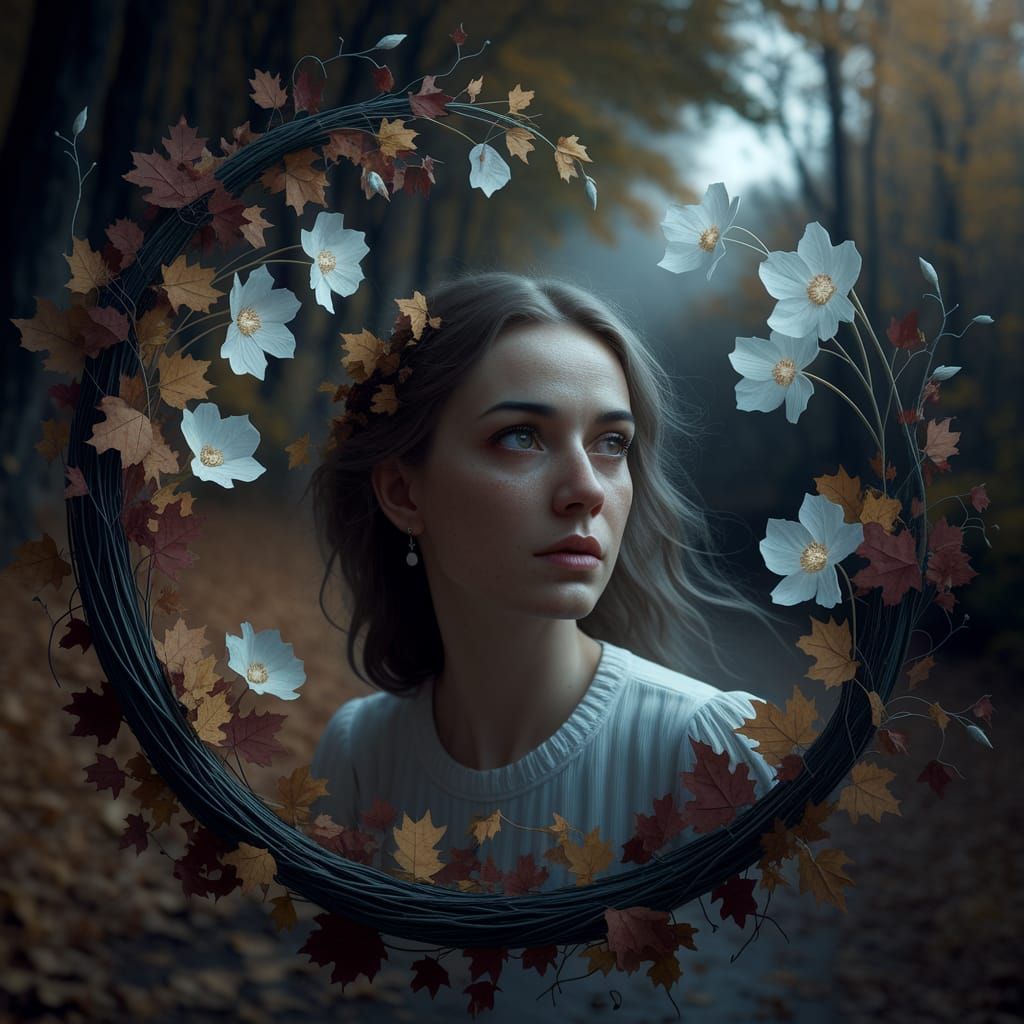 Woman's Face Emerges From Autumn Vortex in Magical Realism S...