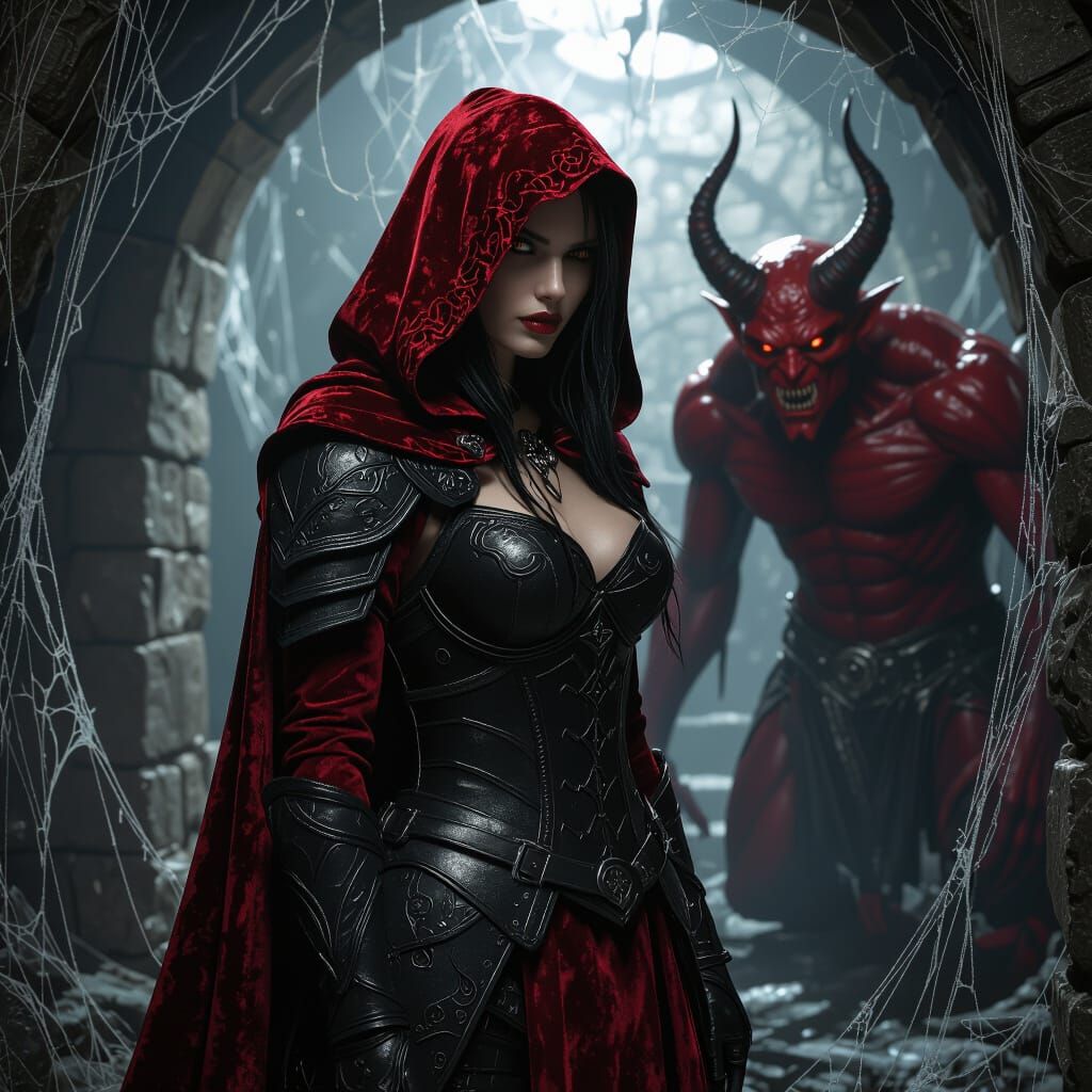 Sorceress and Demon in Dungeon, Detailed Matte Painting