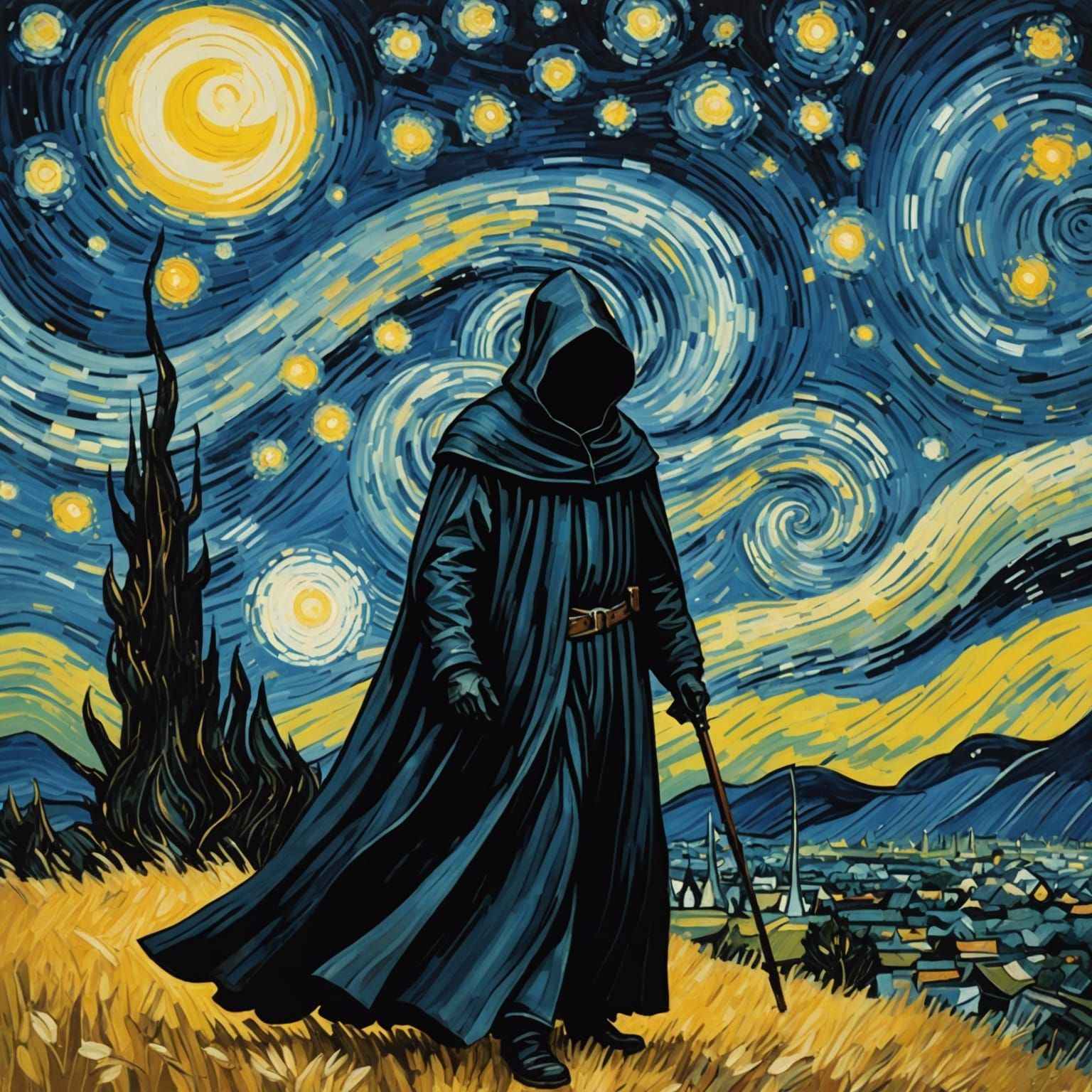 Mysterious Figure Under Starry Sky in Van Gogh Style