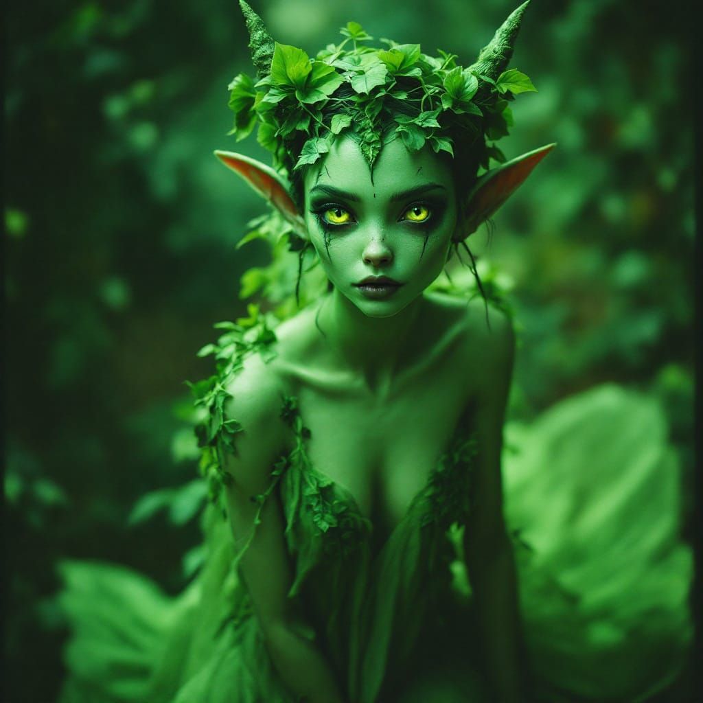 Fairy Goblin With Ivy Wings in Flowing Green Dress