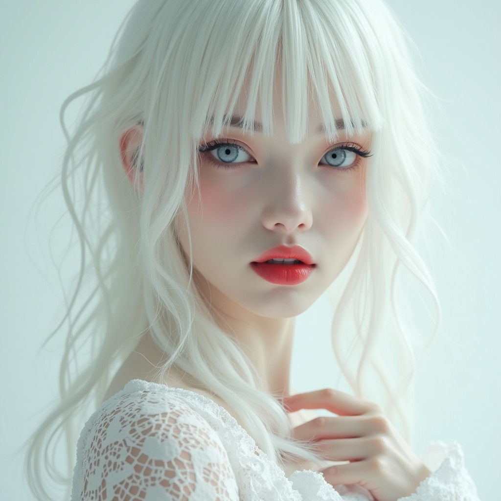 Hyperrealistic Albino Woman in White Lace