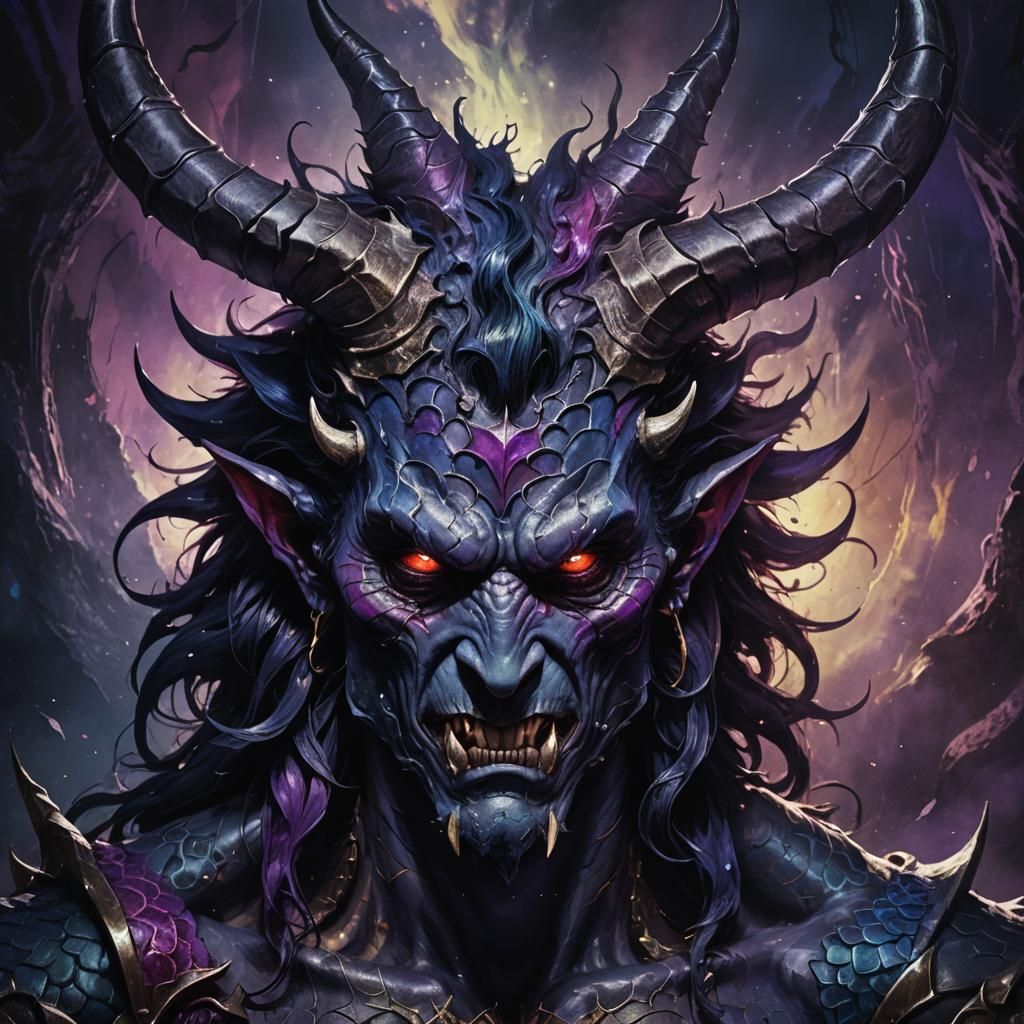 Demonic Figure Bites Tail in Dark Fantasy Portrait