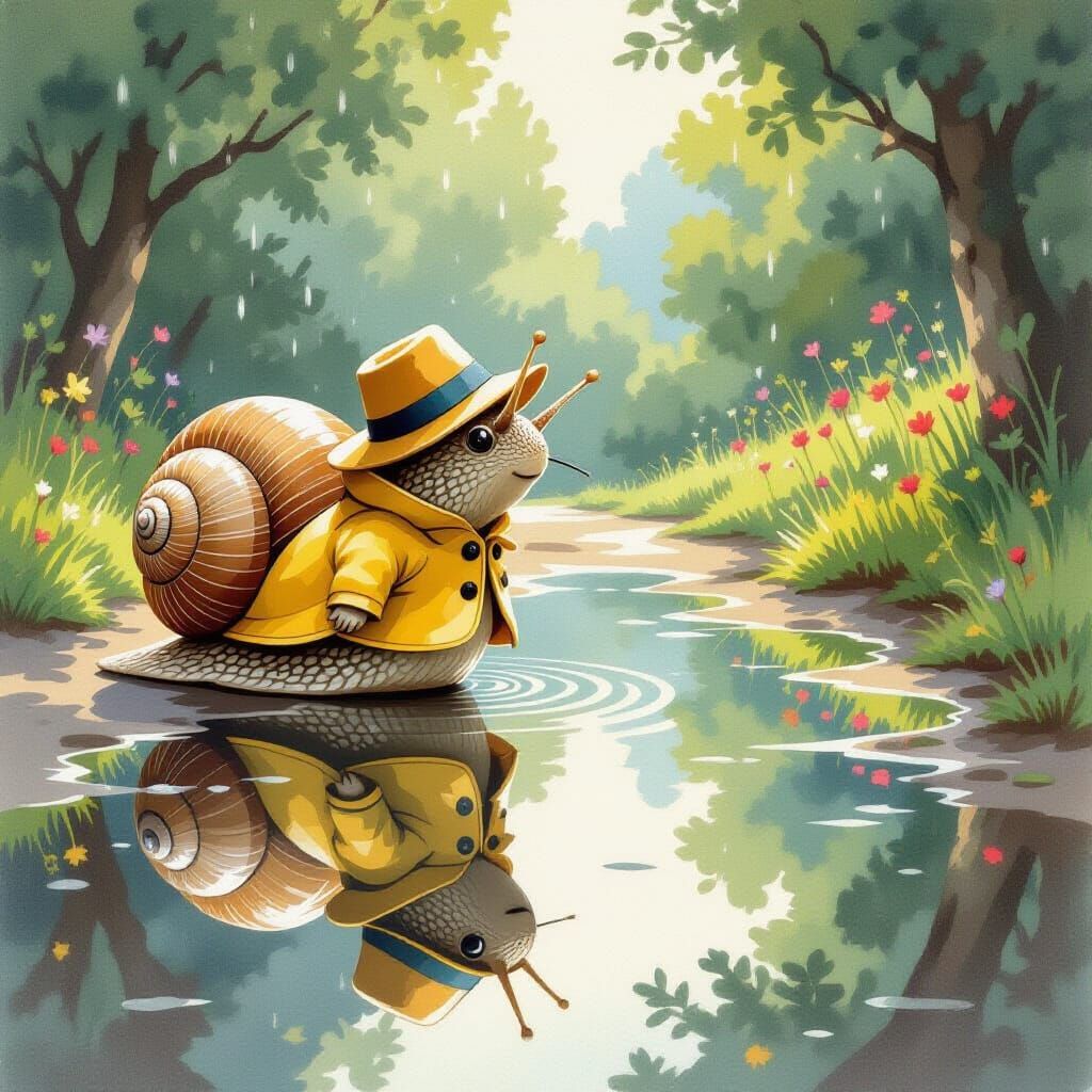 Snail Wonders About Swimming: Whimsical Illustration