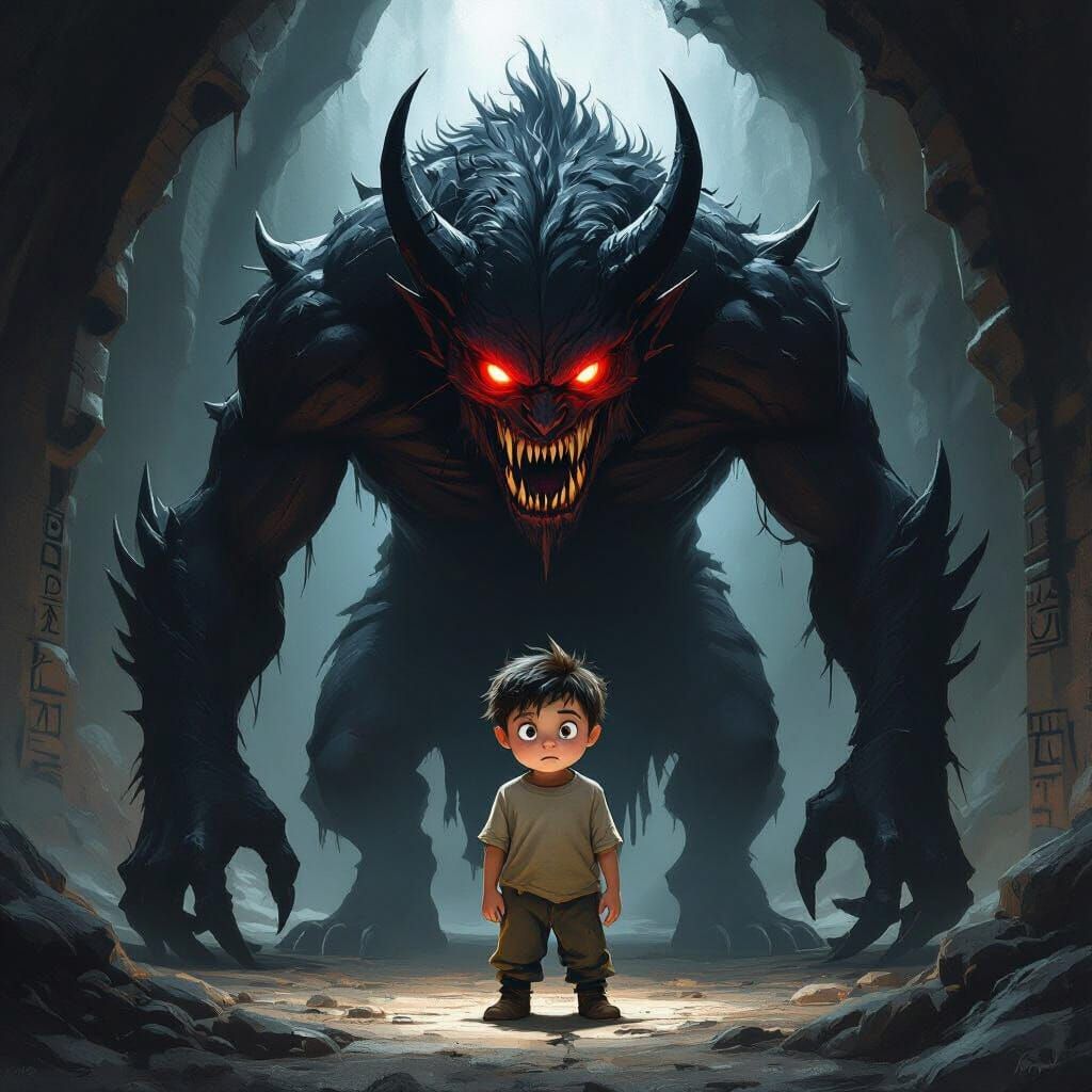 Demon Protecting Scared Boy in Dark Fantasy Art
