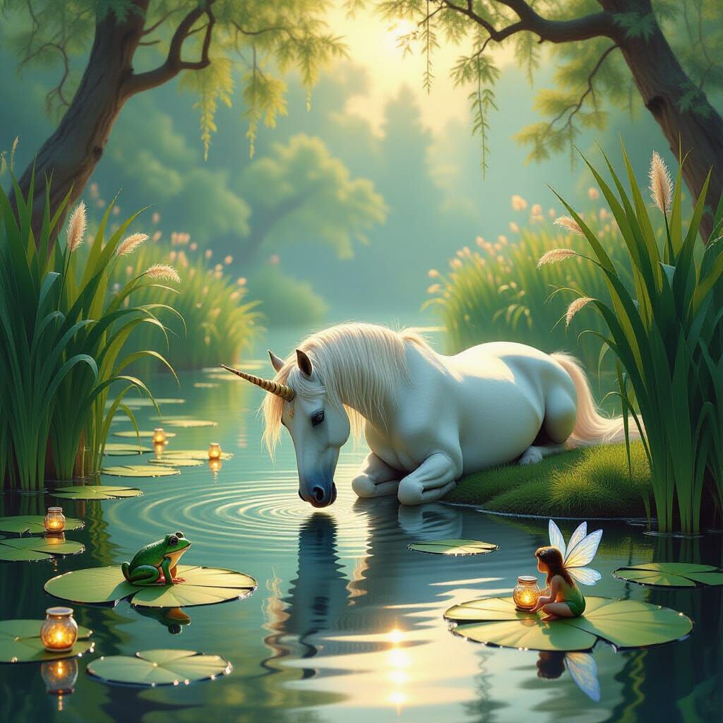 Magical Unicorn Pond with Fairies at Golden Hour