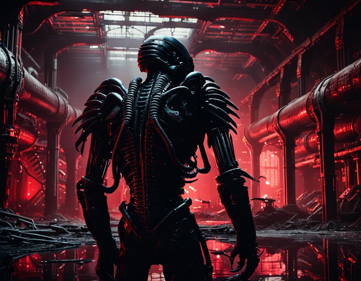 Xenomorph in Biomechanical Temple: Noir Photography