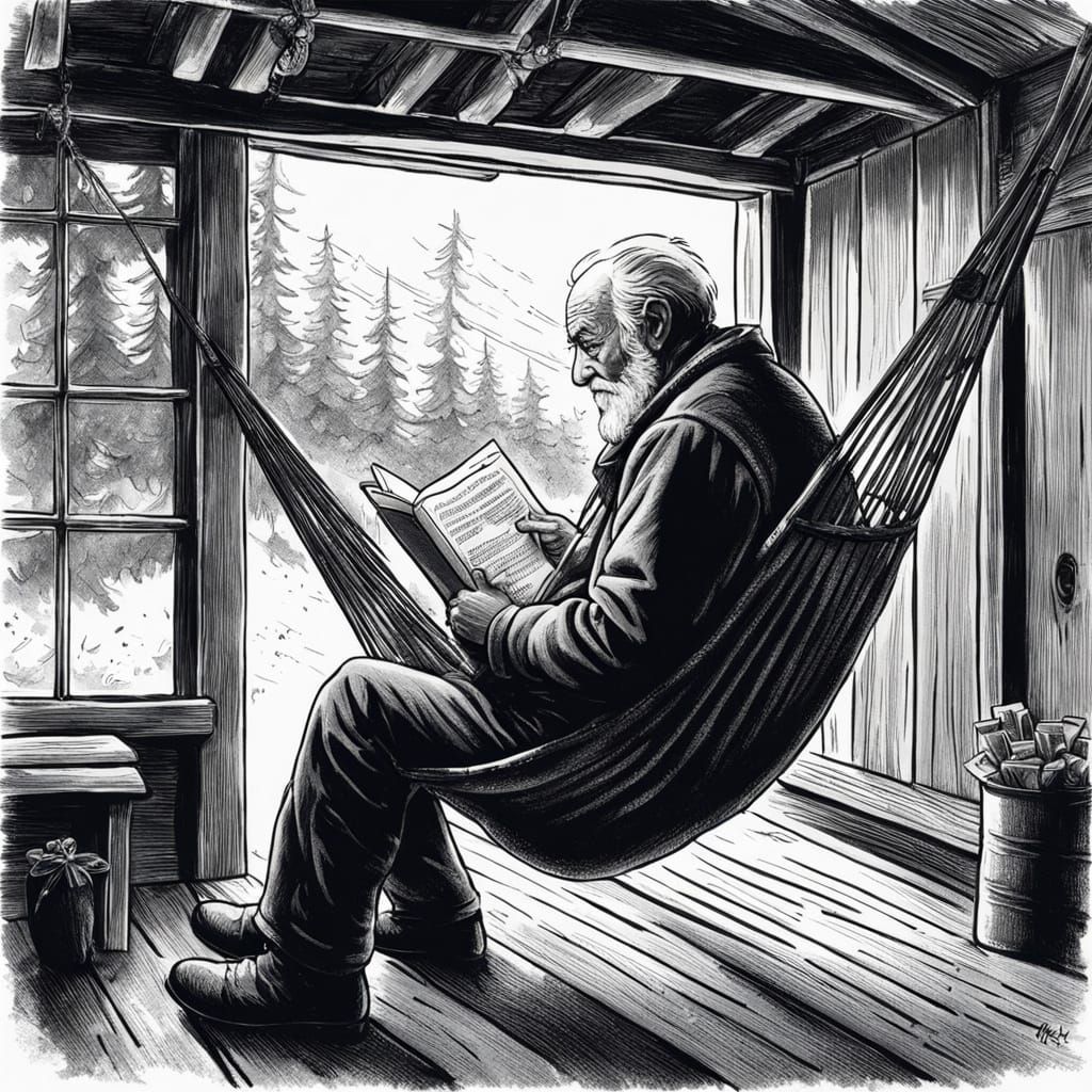 Cozy Cabin: Old Man Reading, Charcoal Drawing