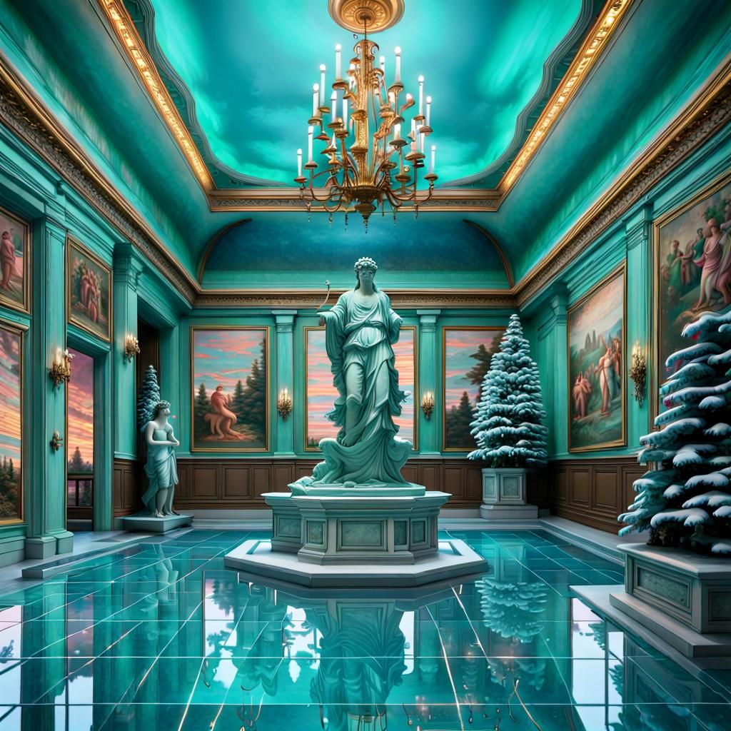 Vaporwave Christmas Tree in Baroque Poolroom