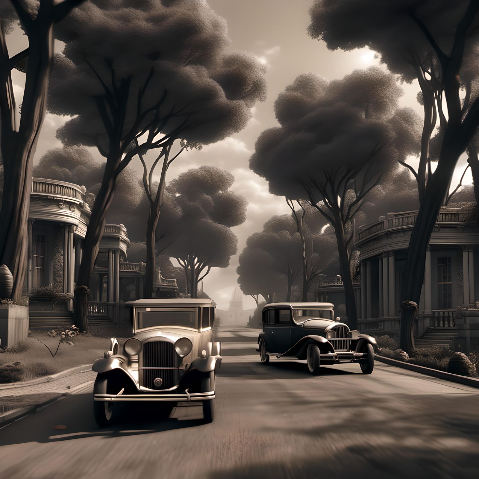 1920s Summer Street Scene with Classic Automobiles