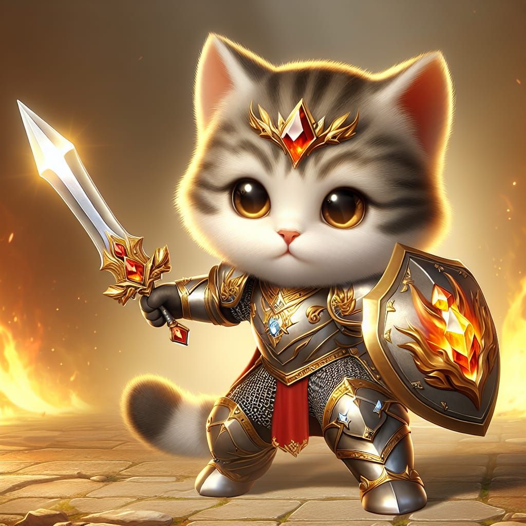 Armored Cat Warrior with Diamond Sword