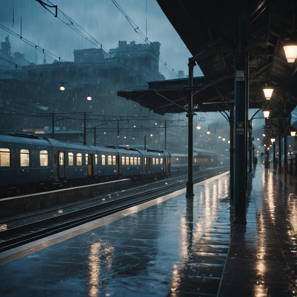 Gloomy Evening Train Station in Film Noir Style