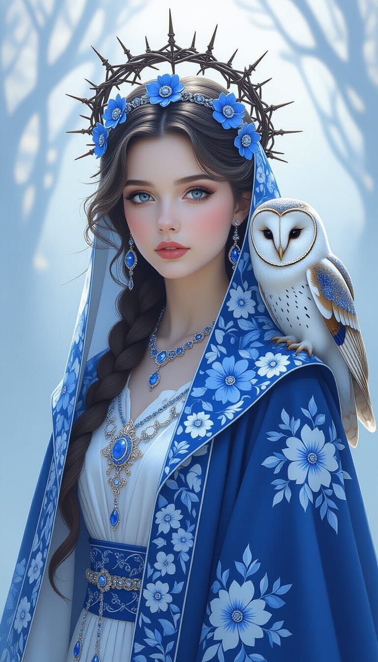 Girl with Crown of Thorns and Owl, Inspired by Wedgwood Jasp...