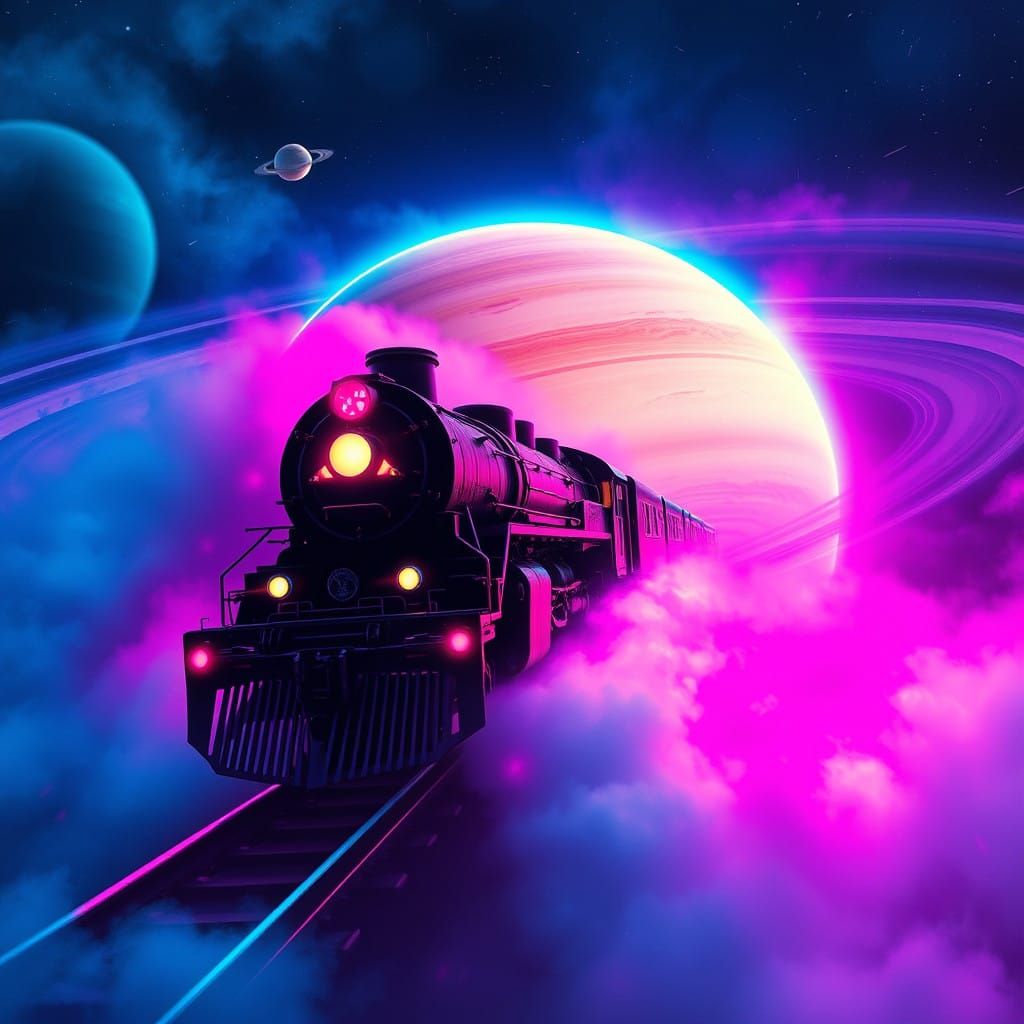 Ominous Train Hurtles Through Saturn's Rings in Neon Sci-Fi