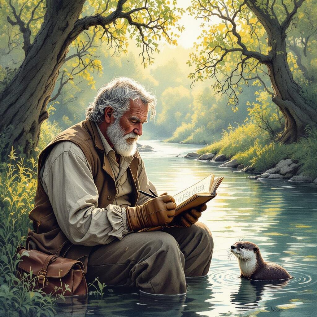 Old Man Sketching by River in Delicate Style
