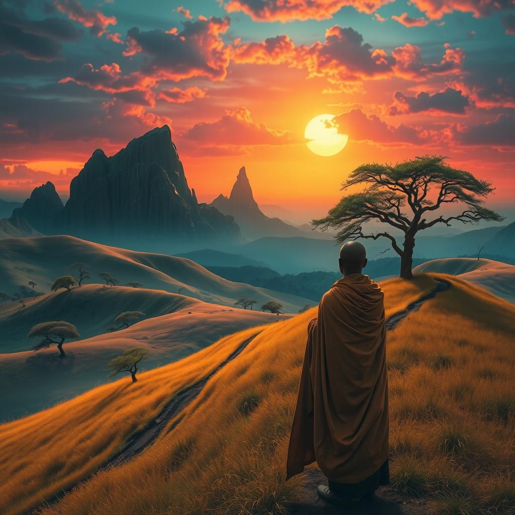 Surreal African Landscape with Crimson and Gold Sky