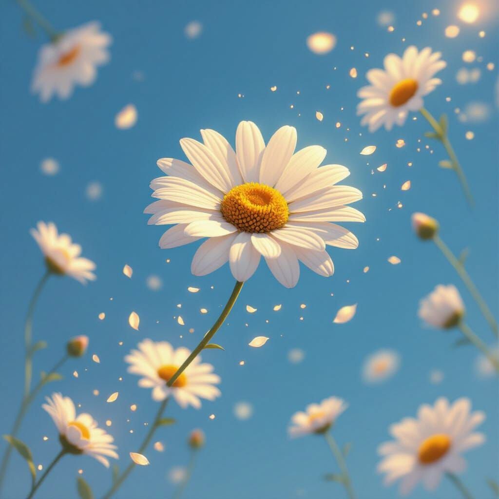 Daisy Seed Floats in Dreamlike Sky with Luminous Flower Seed...
