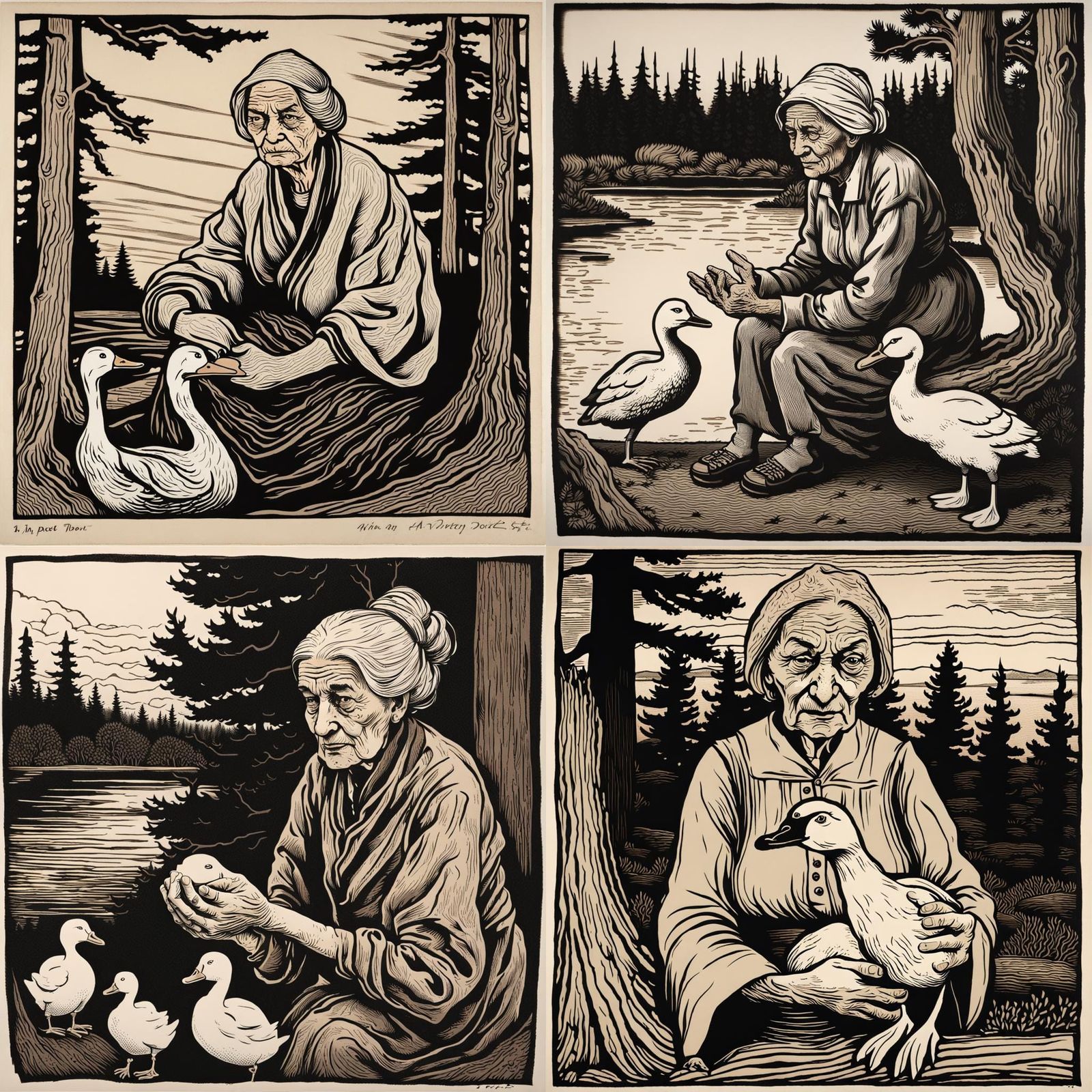 Woodcut of Old Woman Holding Duck