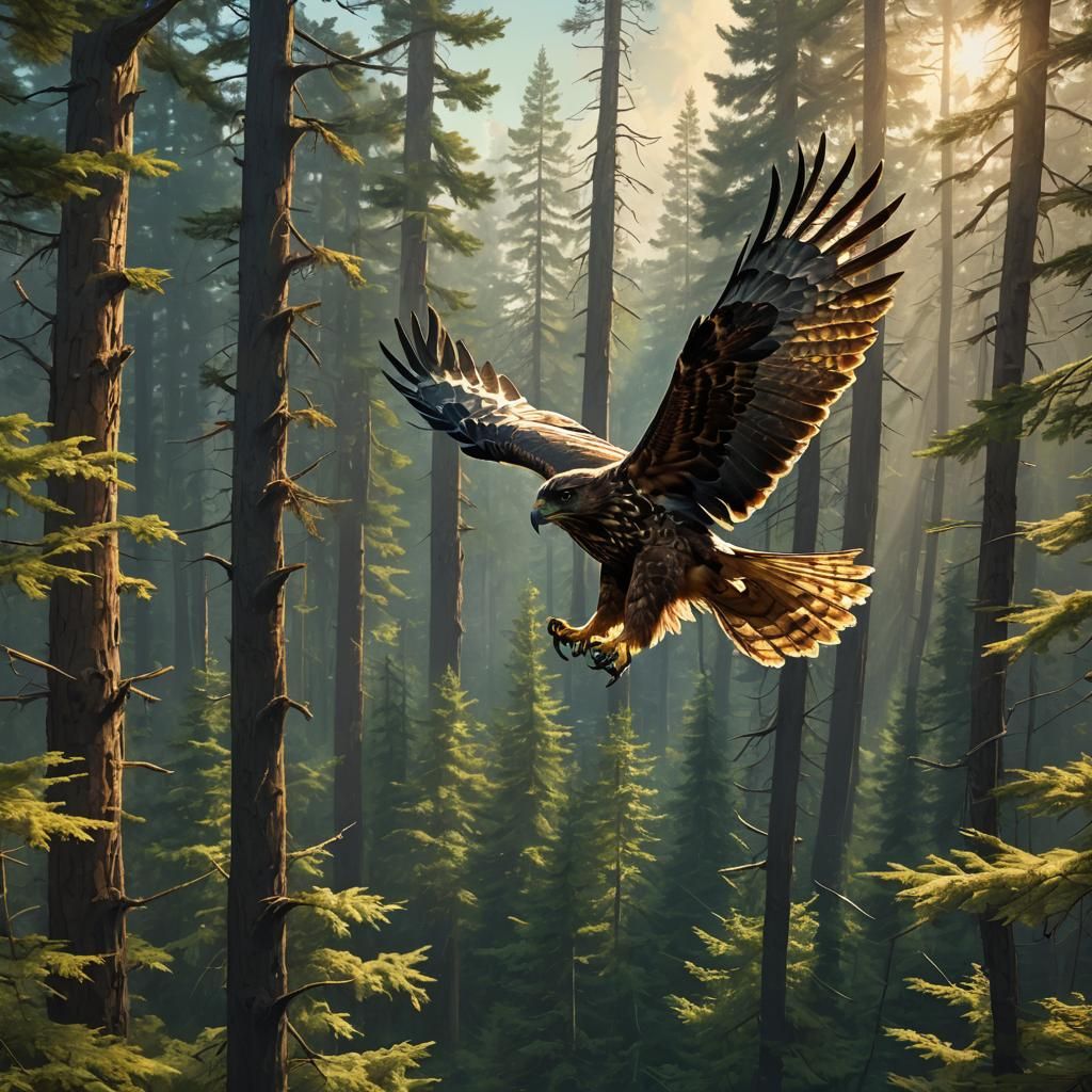 Hawk Mastering Flight in Sunlit Forest, Digital Painting