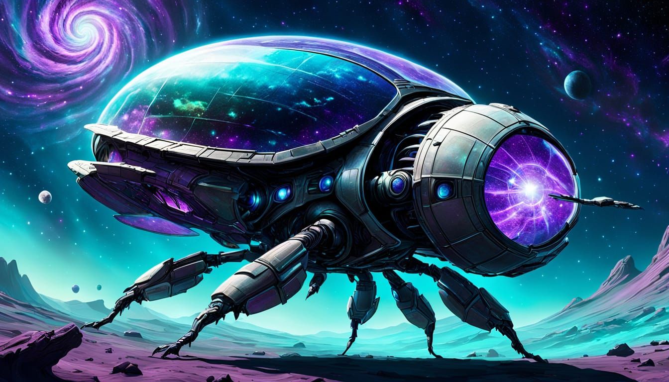 Bioluminescent Beetle Spaceship in Nebula
