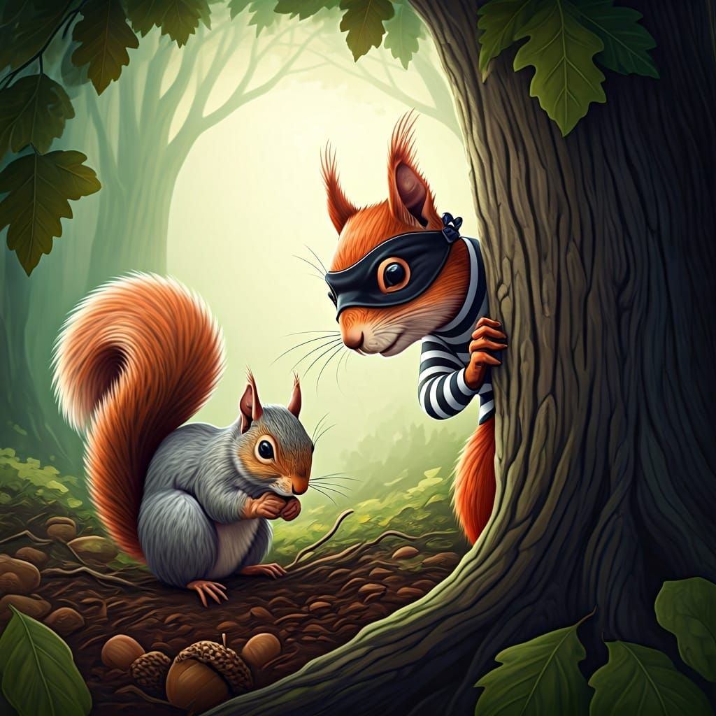 Red Squirrel Burglar Cartoon in Whimsical Style