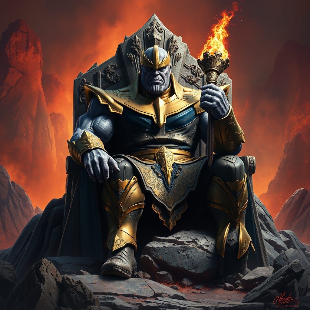Imposing Thanos Seated on Rocky Throne in Intricately Detail...