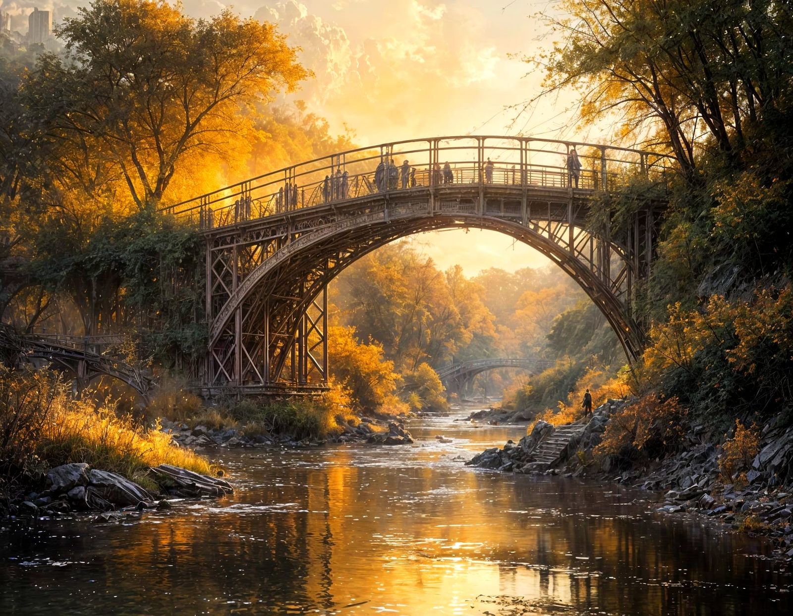 Surreal Iron Bridge Illuminated in Golden Sunset