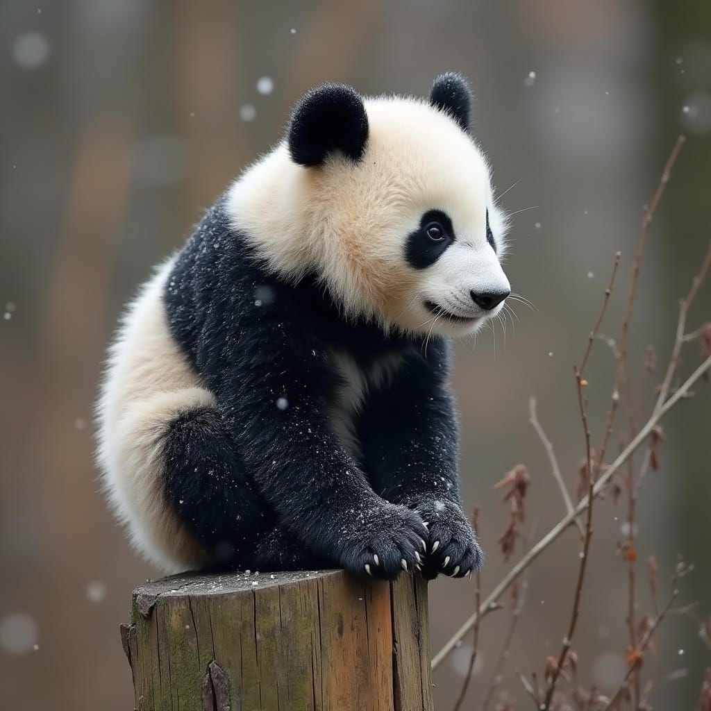 Serene Panda in Winter Forest Landscape