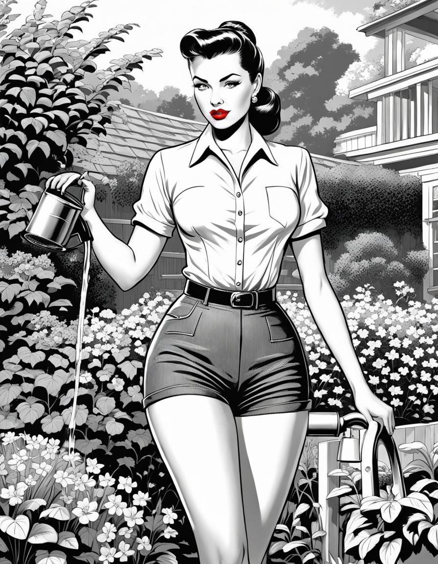 Retro Pin-Up Girl Watering Garden in Line Art