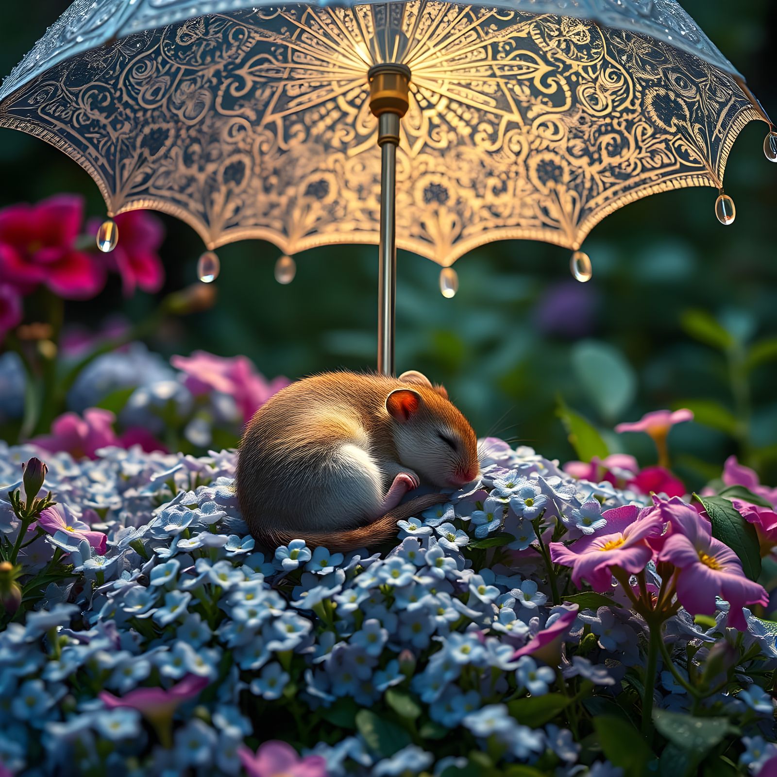 Delicate Glass Umbrella Protects Sweet Mouse in Vibrant Flor...