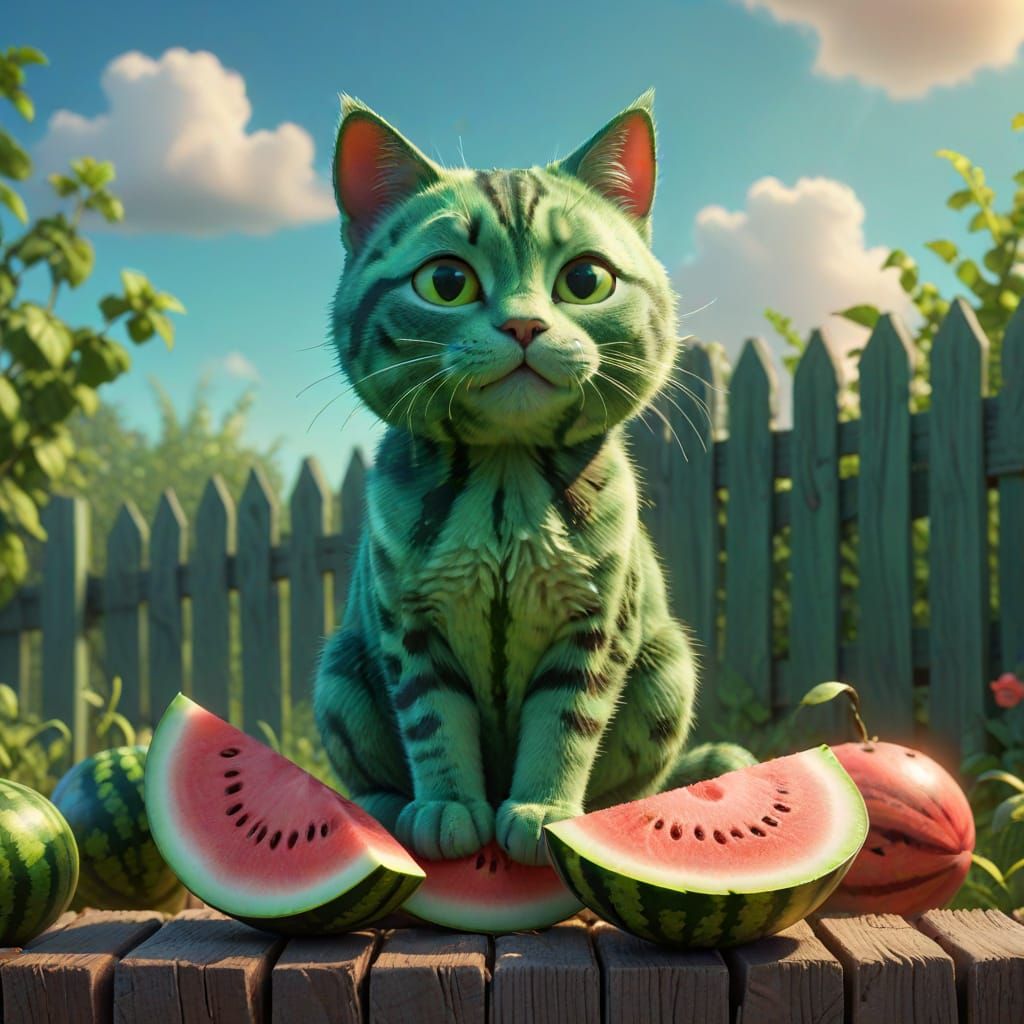 Watermelon Feline Sitting on Fence in Vibrant Digital Art