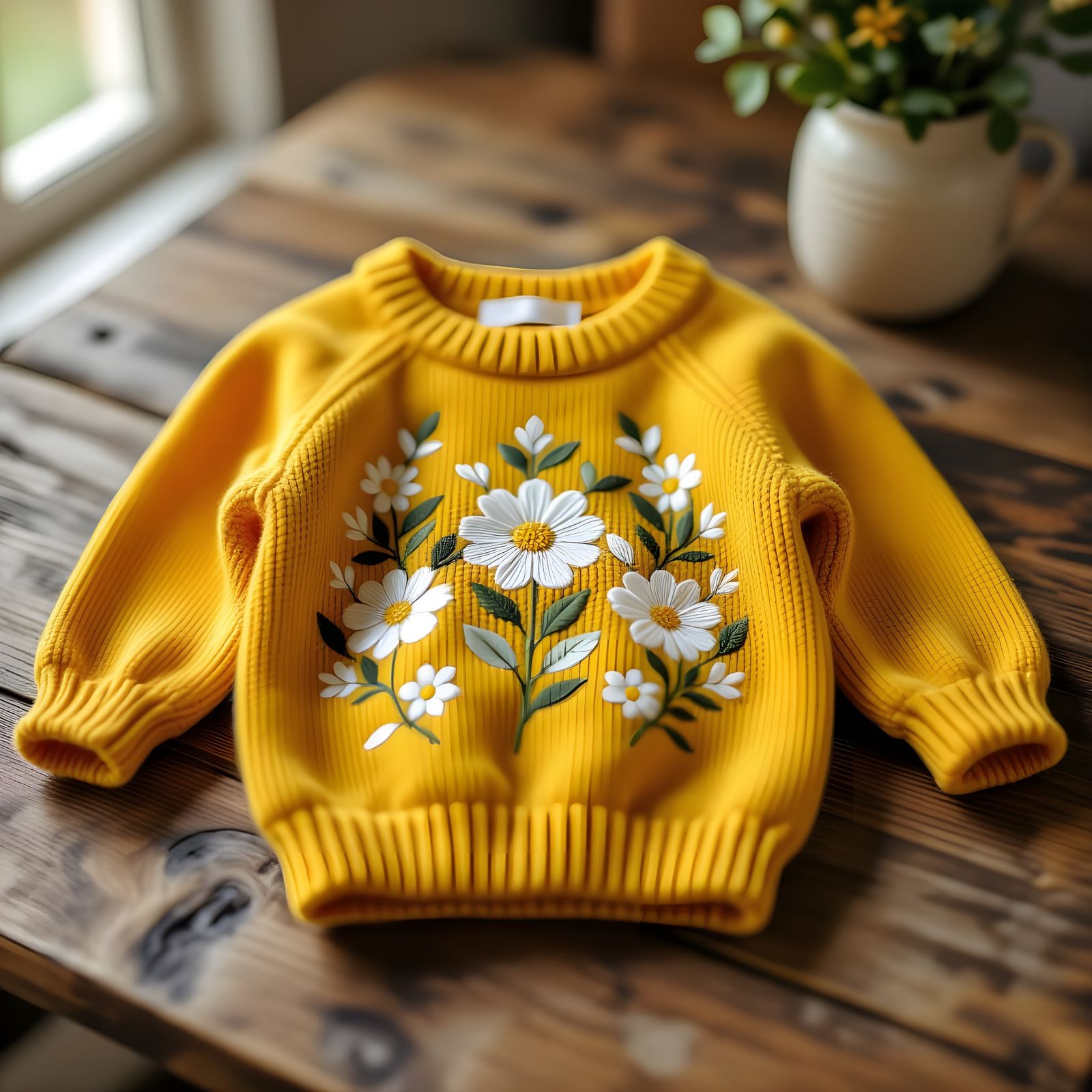 Mustard Yellow Baby Sweater Flat Lay With Floral Embroidery