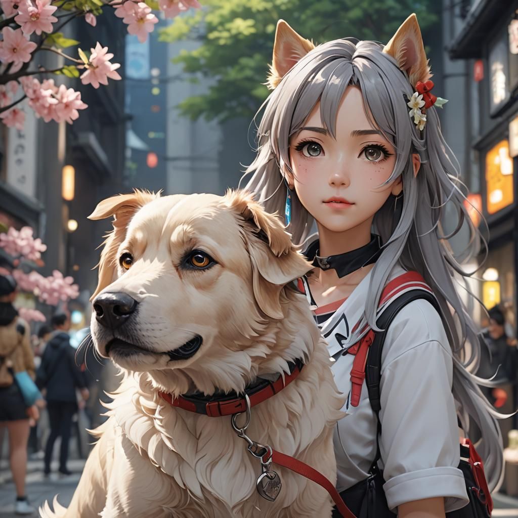 a anime girl & dog