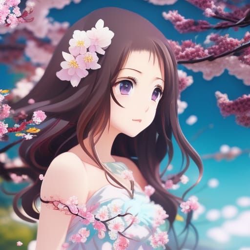 Cute Girl in Cherry Blossom Park: Anime-Style Digital Art